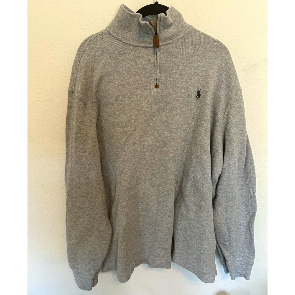 Polo Ralph Lauren Men’s Gray 1/4 Zip Mock Neck Logo Knit Sweatshirt XL Classic